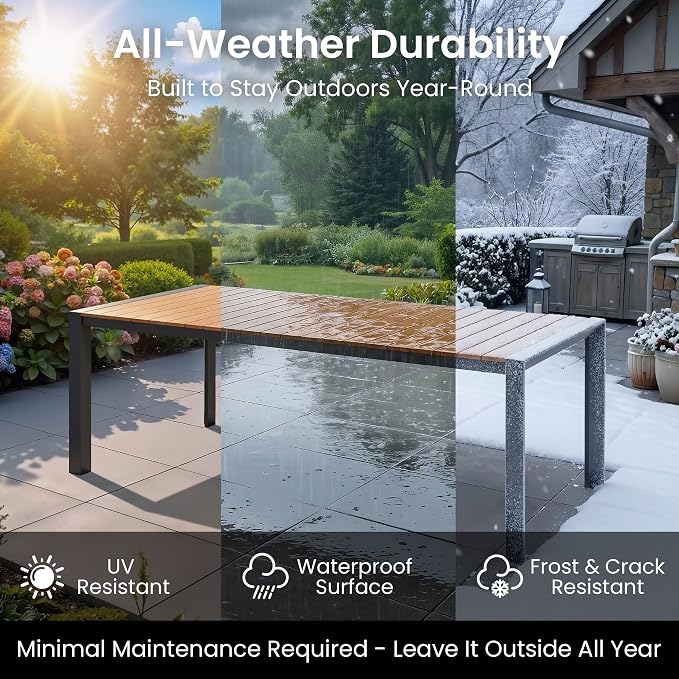 11-Piece Outdoor Dining Set, 95" Aluminum Table and Stackable Armchairs | Umbrella Hole and All-Weather WPC Rectangular Patio Furniture for 10 for Garden Patio Backyard (Brown)