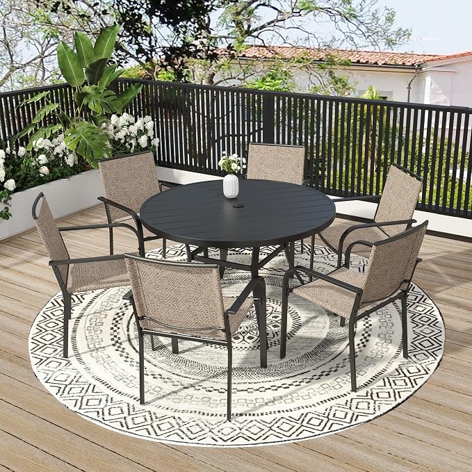 Anmutig 7-Piece Outdoor Dining Set, 48'' Round Table with 6 Stackable Chairs All Weather Furniture Set - Beige Grey