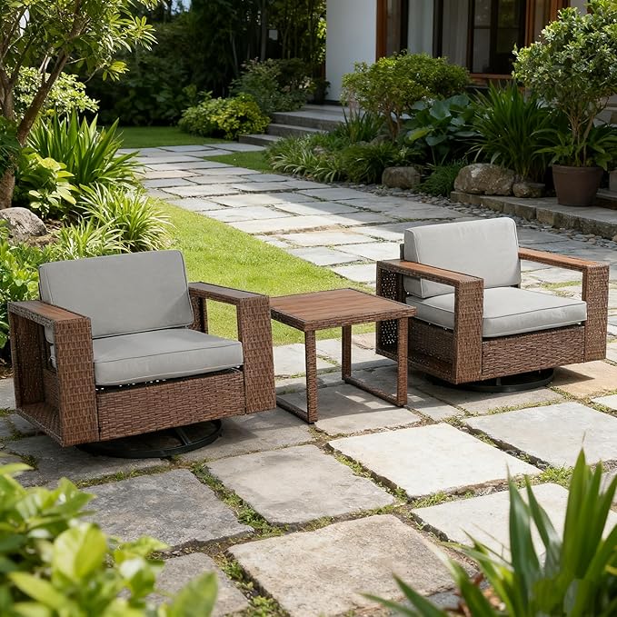 3-Piece Outdoor Patio Rocker Chair Sofa Set, PE Rattan Weaving Sofa with Thick Cushions, Coffee Table with Steel Frame and Wooden Board, Outdoor Conversation Set Brown/Light Gray Linen