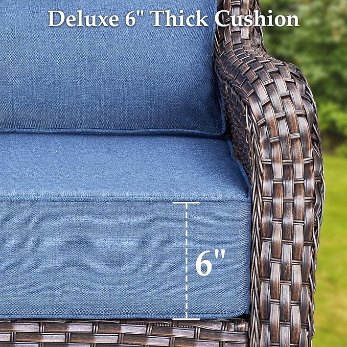 Luxury 5 Pieces Patio Furniture Set-Outdoor Swivel Rocker Patio Chairs with 6" Thick Cushions, Swivel Rocker Chairs with Ottomans & Side Table, Outdoor Conversation Sets for Porch Deck(Brown/Blue)