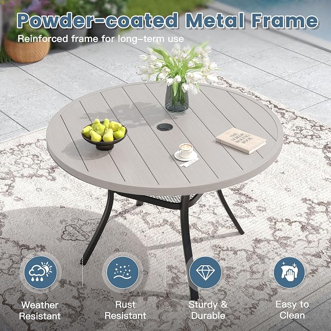DIFY 48" Round Patio Dining Table for 6, Outdoor Metal Dining Table with 1.57" Umbrella Hole for Backyard Lawn Garden, Grey Wood-Like