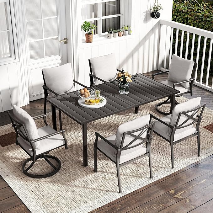 HAPPATIO Patio Dining Set, Powder-Coated Metal Outdoor Table and Chairs Set for 6,4 Chairs and 2 Swivel Rockers with Thick Cushions, 60" Rectangular Table with 1.5" Umbrella Hole for Deck Backyard
