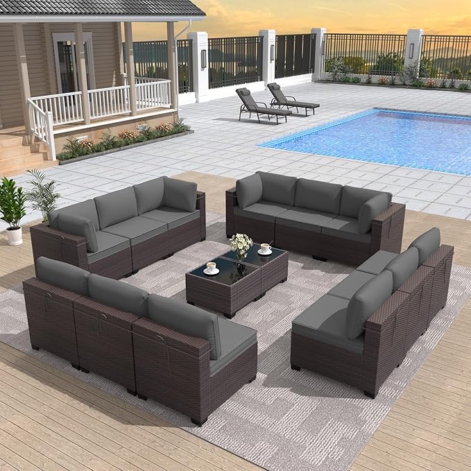 ALAULM 14 Pieces Patio Furniture Set Wicker Patio Conversation Set, Outdoor Sectional Furniture w/Coffee Table & Washable Seat Cushions-Grey