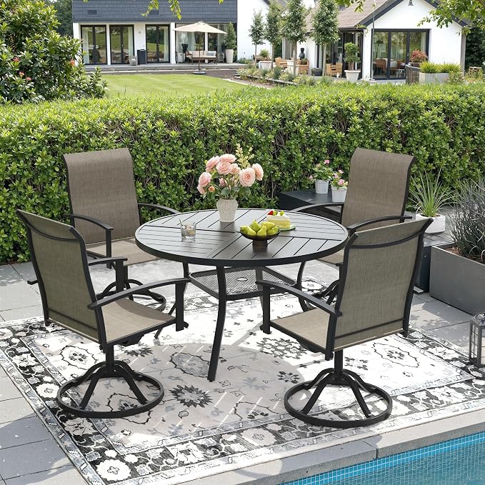 DIFY 5 Pieces Outdoor Dining Set, Metal Patio Table and Chairs Set for 4 with Umbrella Hole, 40.6" Black Round Table and Brown Textilene Swivel Patio Chairs for Garden, Backyard, Poolside