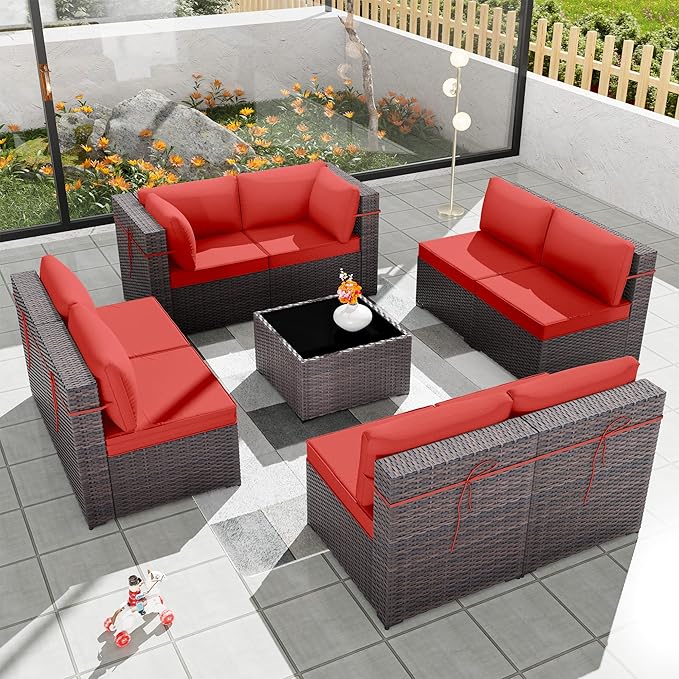Patio Furniture Set 9pcs Outdoor Furniture for Backyard Sectional Sofa Set, Wicker Rattan Outdoor Conversation Set with 4 Inch Thickened Cushions and Coffee Table, Red