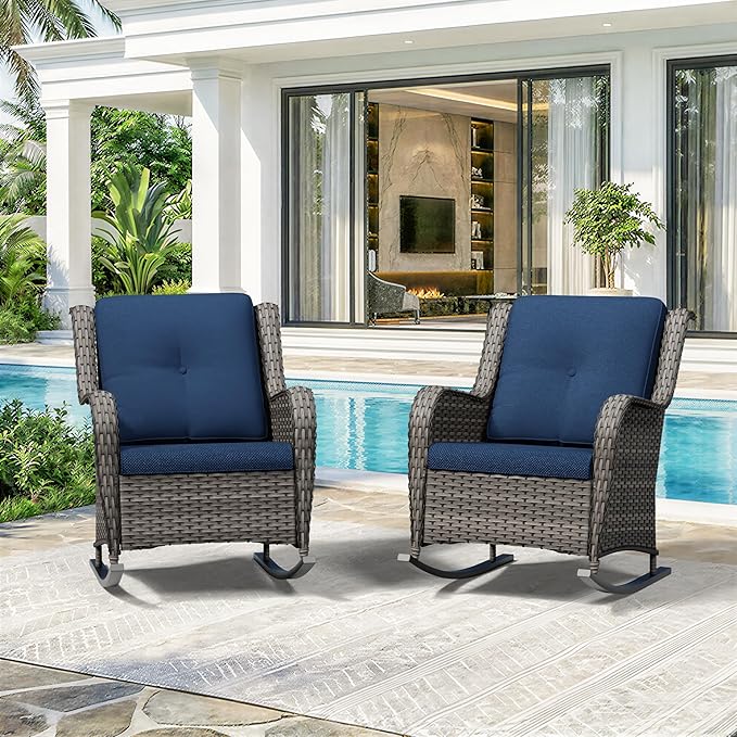 Patio Rocking Chairs Set of 2, Outdoor Wicker Patio Furniture Set 2 Pieces with Thickened Olefin Cushions, High Back and Deep Seating, Hand-Woven PE Rattan for Porch, Deck, Blue