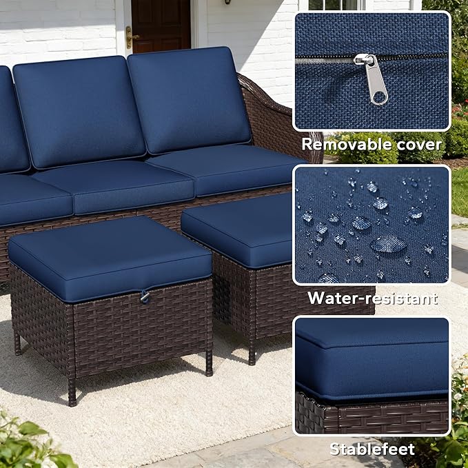6 Piece Patio Wicker Conversation Set, All-Weather Use Outdoor Wicker Sofa with 2 PE Rattan Ottomans,2 Swivel Chair, 1 Side Table, Ideal for Porch, Backyard, Balcony, Poolside, Blue
