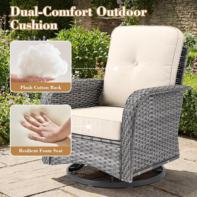 3 Pieces Patio Furniture Set, All-Weather Rattan Wicker Outdoor Furniture with Swivel Rocking Chairs and Side Table, High Back Conversation Set for Porch, Backyard, Balcony,Beige
