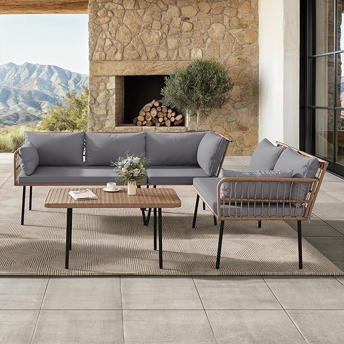 YITAHOME 4-Piece Wicker Patio Furniture Set, All Weather PE Rattan Conversation Set Sectional Sofa with Soft Cushions & Side Table, Porch Furniture for Deck, Balcony, Backyard - Grey