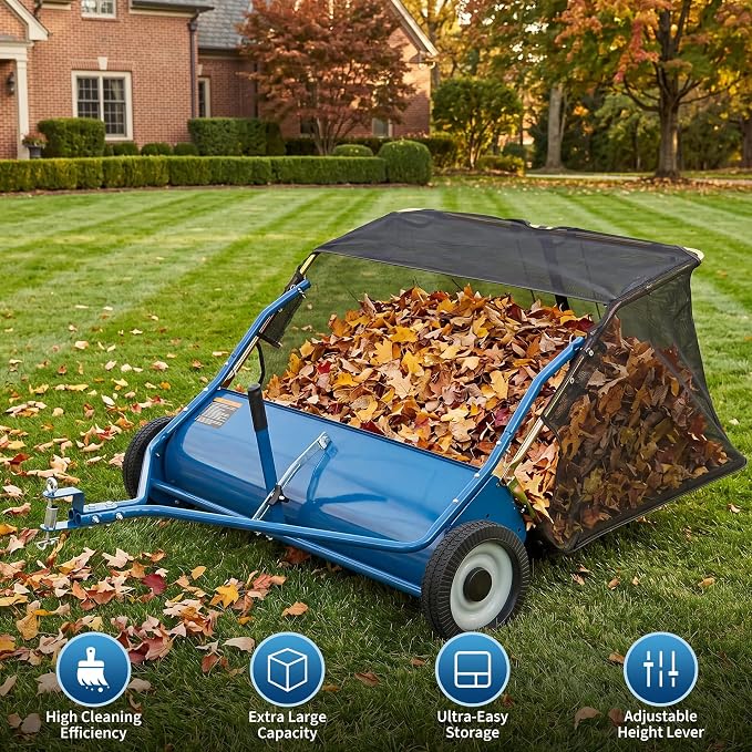 42" Tow Behind Lawn Sweeper, 14 cu. ft Capacity Leaf & Grass Collector-Adjustable Sweeping Height, Dumping Rope Design for Efficient Debris & Grass Cleanup on Yards, Driveways & Sidewalks