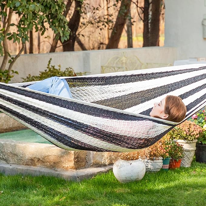 PNAEUT Handwoven Mayan Hammock, Thick Soft Rope Double Hammock for Outdoor Outside & Indoor, 600 lbs Capacity Heavy-Duty, Includes Tree Straps, Carabiners & Carrying Bag (Black and White, X-Large)