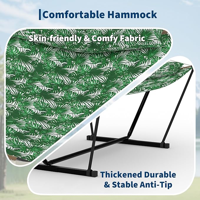 2-Person Hammock with Stand, 450lbs Capacity, Padded Polyester, Heavy-Duty Steel Frame, Portable Carry Bag for Patio, Backyard & Poolside