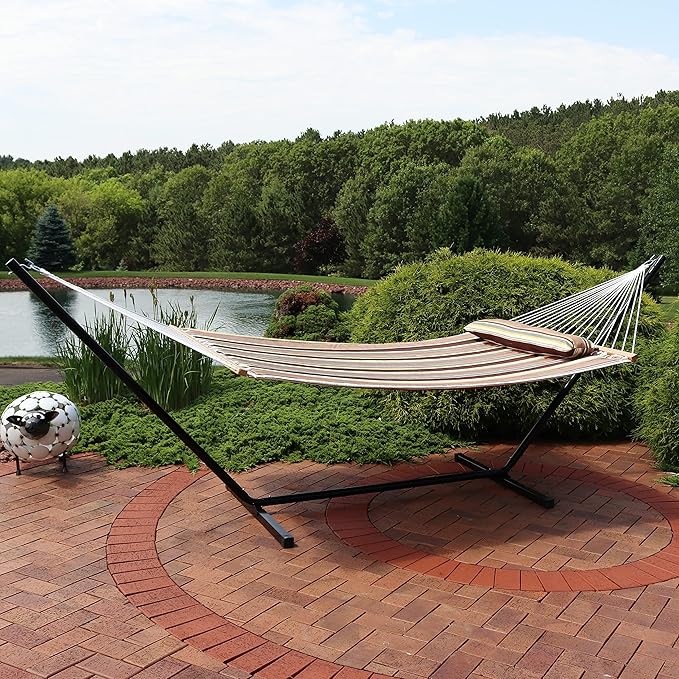 Sunnydaze Quilted Double Hammock with Stand for Outside - 350-Pound Capacity 2-Person Hammock with Stand - 12-Foot Stand - Sandy Beach