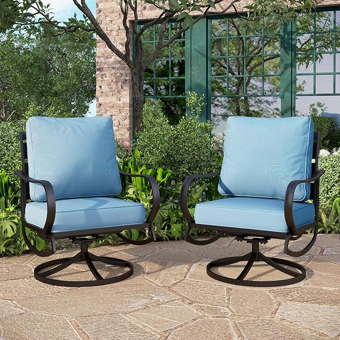 PHI VILLA Patio Furniture Chair Set for 2, Deluxe Outdoor Conversation Set with 2 Swivel Padded Sofa Chair, Full Metal with 5.8" Cushion for Deck, Lawn, Garden(Blue)