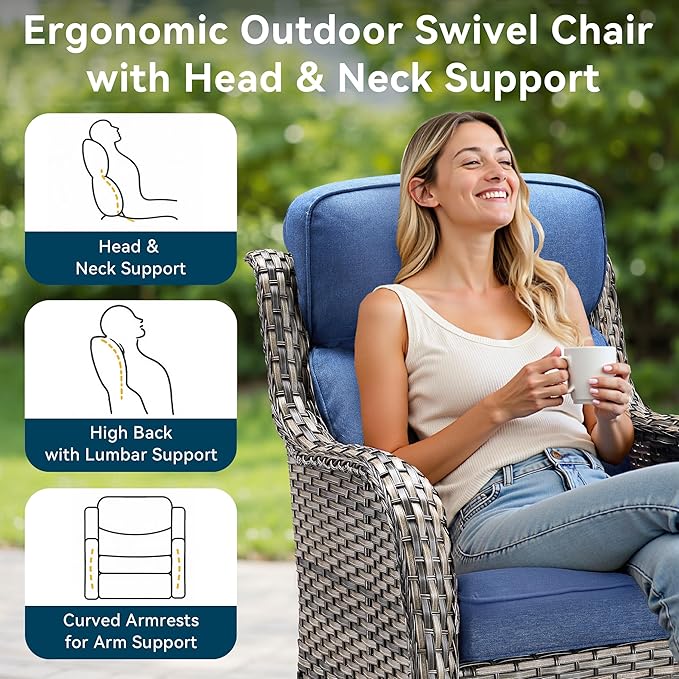 Luxury Outdoor Swivel Rocker Patio Chairs-4 Pieces High Back Swivel Rocker Patio Chairs with Thick Cushions All Weather Wicker Outdoor Furniture Set for Deck Porch Balcony(Grey/Blue)