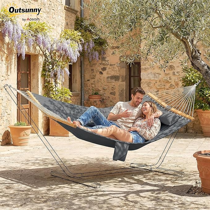 Outsunny Outdoor Hammock, 2-Person Hammock with Head Pillow and Pad, Wood Spreader Bars, 440 lbs Capacity, for Patio Yard Garden, 128" x 55", Gray