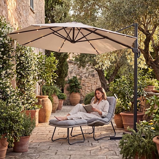 Kingdura 9ft Cantilever Patio Umbrella with Base Included & Solar Lights, Large Round Metal Outdoor Offset Umbrella with 360-degree Rotation, 4 Position Tilt, UV Protection for Pool Deck Patio (Beige)