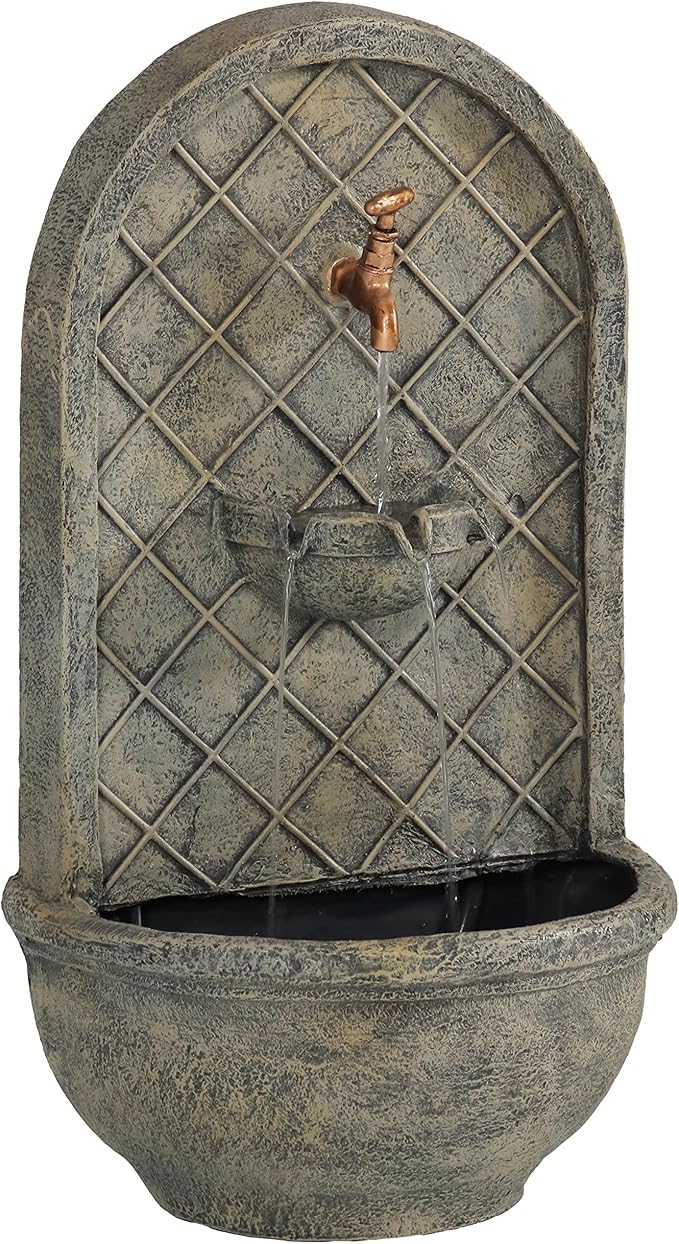 Sunnydaze Messina 26" Outdoor Wall Water Fountain with Pump and Panel - French Limestone - Solar/Battery-Powered