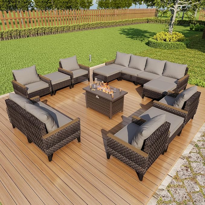 15 Pieces Patio Conversation Sets, Outdoor Furniture Set with Fire Pit Table, Wicker Rattan Sectional Modular Seating Set Includes 2 Three Seater Sofa & 4 Single Armchairs & 4 Ottomans (Gray Cushions)