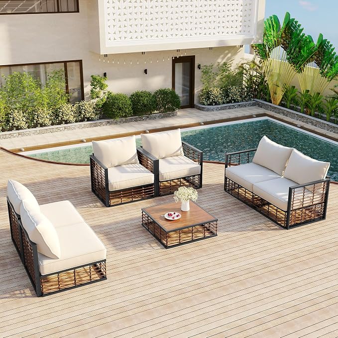 Modern Minimalist 7-Piece Metal Patio Sectional Sofa Set, All-Weather Garden Conversational Furniture Set with Thick Cushions and Coffee Table for Indoor Outdoor (Dark Grey#26)