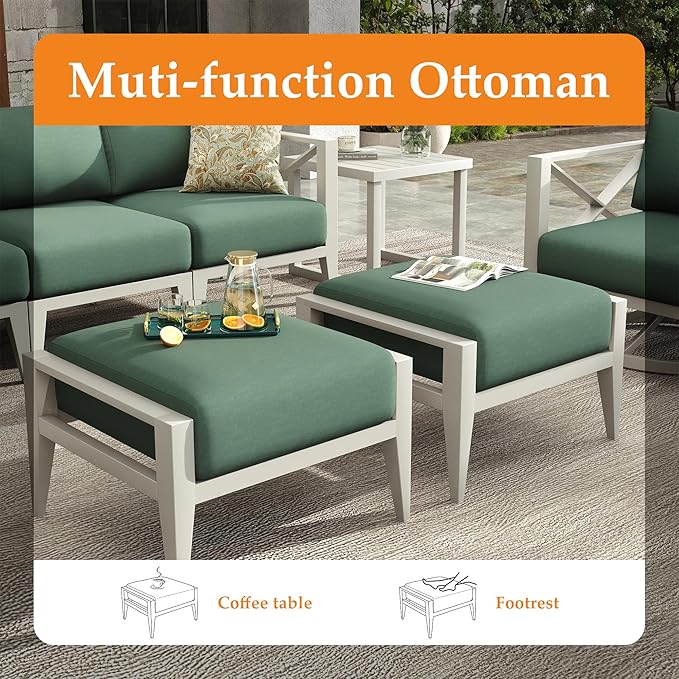 Aluminum Patio Furniture Set,8-Seats Patio Sectional Conversation Sofa with 5.2" All-Weather Cushions and 2 Swivel Rocking Chairs & 2 Ottomans,Outdoor Furniture Set(White)