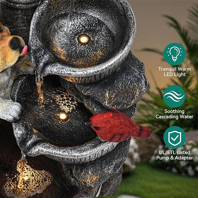 30" Puppy & Red Bird Outdoor Fountain, 3-Tier Pastoral Water Feature with LED Lights, Resin Two Bowls & Wooden Barrel Soothing Cascading Waterfall for Patio, Backyard, Garden