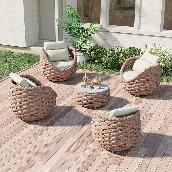 Aluminum Patio Conversation Set: 5 Pieces Deck Furniture Set All Weather - Cushioned Woven Rope Outdoor Sofa Set Assembled - Metal Modern Couch Set for 400 lbs Porch Garden Hotel, Terracotta