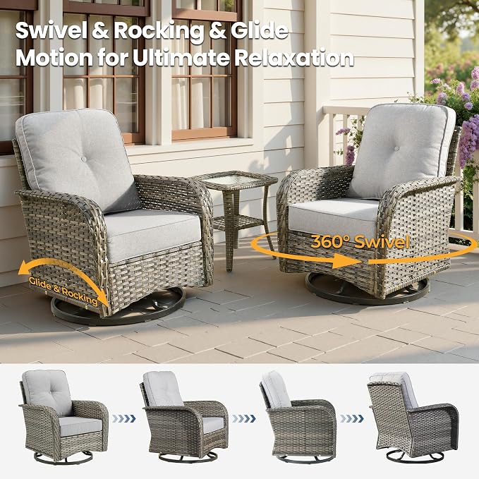 7 Piece Wicker Patio Furniture Set with Swivel Rocker Chairs, Gray | High Back Rocking Chair Sofa, Heavy Duty All Weather Rattan Outdoor Conversation Set, Thick Cushion, Balcony Porch Backyard