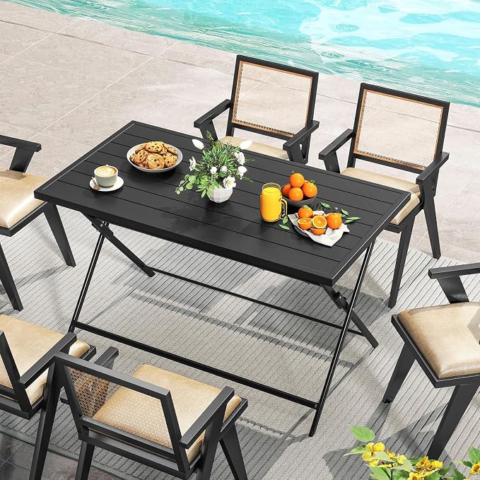 Giantex Folding Outdoor Dining Table for 4-6 Person, 48"x30" Rectangular Metal Patio Table with Large Tabletop, Foldable Outside Dinner Table for Garden Backyard Picnic (Black)