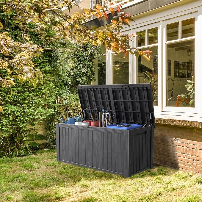 Deck Box Large Outdoor Storage for Patio Furniture,Outdoor Cushions,Garden Tools and Pool Supplies,Waterproof,Resin,Lockable (Black, 190 Gallon)