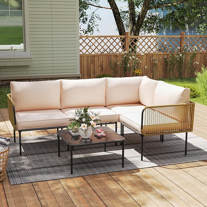 Patio Furniture Set, 5 Piece Outdoor Patio L-Shaped Conversation Set with Cushions and Table, All-Weather Rattan Woven Sectional Sofa for Backyard, Porch, Boho Detachable Lounger (Beige)