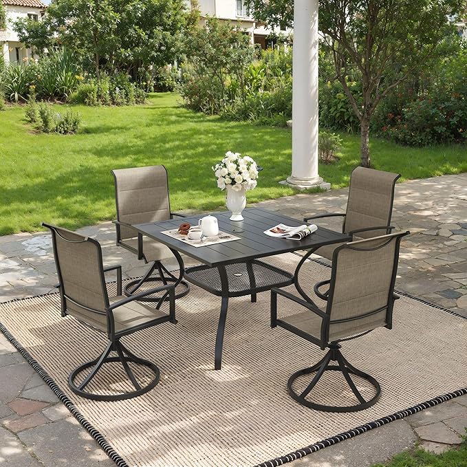 VICLLAX 5 Pieces Outdoor Dining Set, Patio Furniture Set Includes 38" Square Metal Table W/ 1.9" Umbrella Hole and 4 Padded Textilene Swivel Chairs for Porch, Lawn, Garden, Backyard