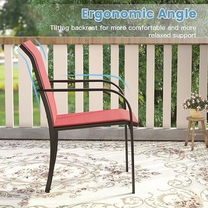 DIFY 7 Pieces Outdoor Patio Dining Set for 6, 50" Black Round Metal Dining Table and 6 Red Stackable Sling Dining Chairs, Outdoor Table and Chairs for Lawn Garden Backyard Deck