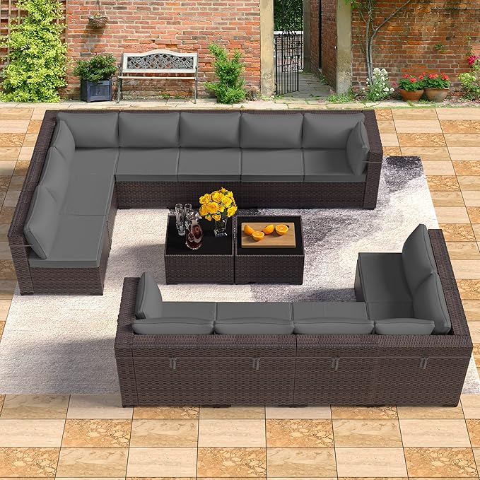 14 Pieces Outdoor Patio Furniture Set,Outdoor Sectional Furniture All Weather PE Rattan Wicker Patio Conversation Set with 2 Coffee Tables and 12 Thickened Cushions,Grey