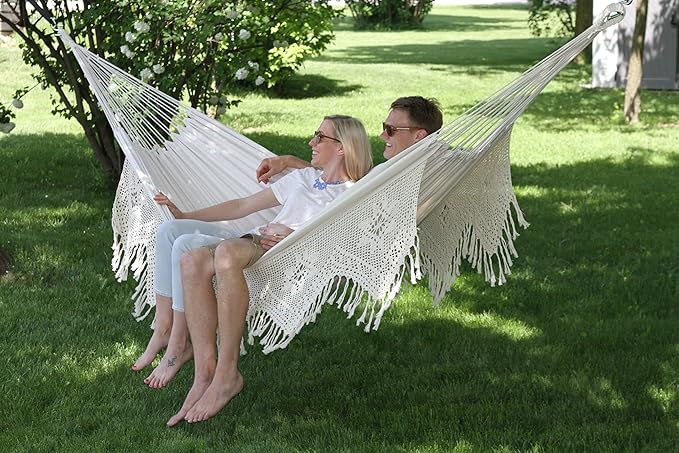 Vivere Double Deluxe Cotton Brazilian Style Hammock with Fringe - 450 lb Weight Capacity