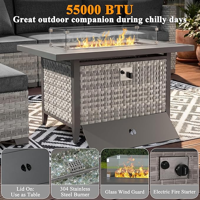 13 Piece Wicker Patio Furniture Set with 55,000 BTU Fire Pit Table, Swivel Rocking Chairs, 4''Cushions, PE Rattan, Wind Guard Glass, for Backyard, Deck or Balcony, Black