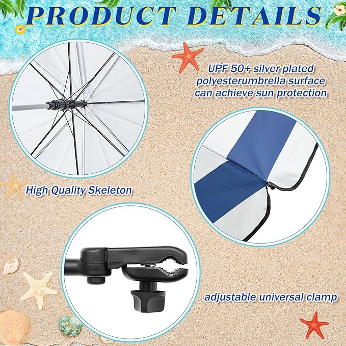 Buryeah 2 Pcs Beach Chair Umbrella Automatic with Universal Adjustable Clamp 44" UPF 50+ Portable Clamp on Beach Chair for Wheelchair Patio Golf Carts Camping