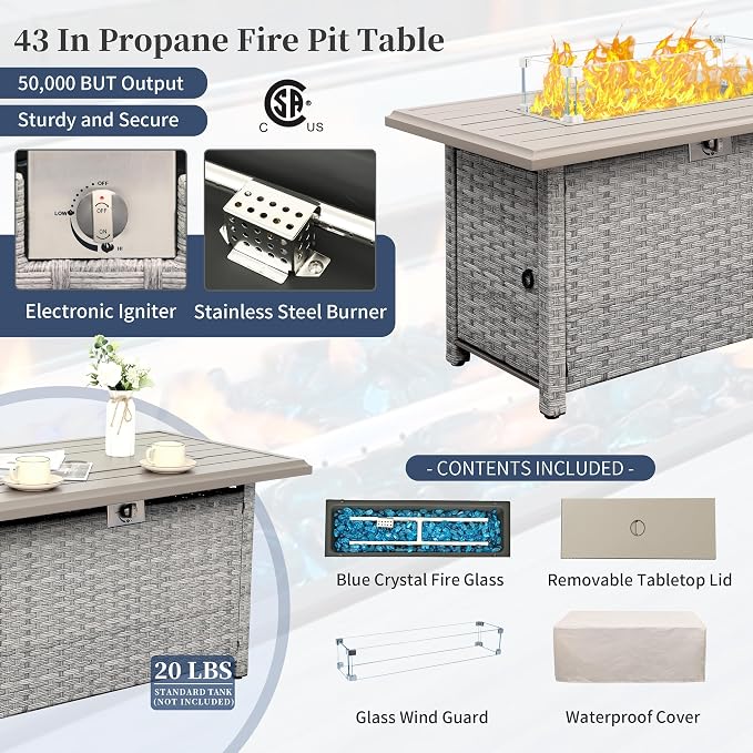 WAROOM Patio Furniture Set 5 Piece Outdoor Furniture with Fire Pit Table, Grey Wicker Sectional Sofa Couch Sets Backyard Deep Seating PE Rattan Chairs with Navy Blue Cushion