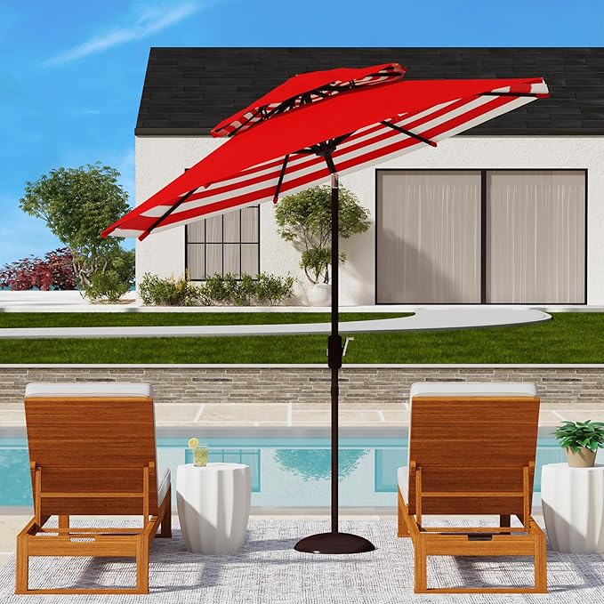 SAFAVIEH Outdoor Collection Athens Baby Blue/White 9 Ft Double Top Crank UV Protected Umbrella