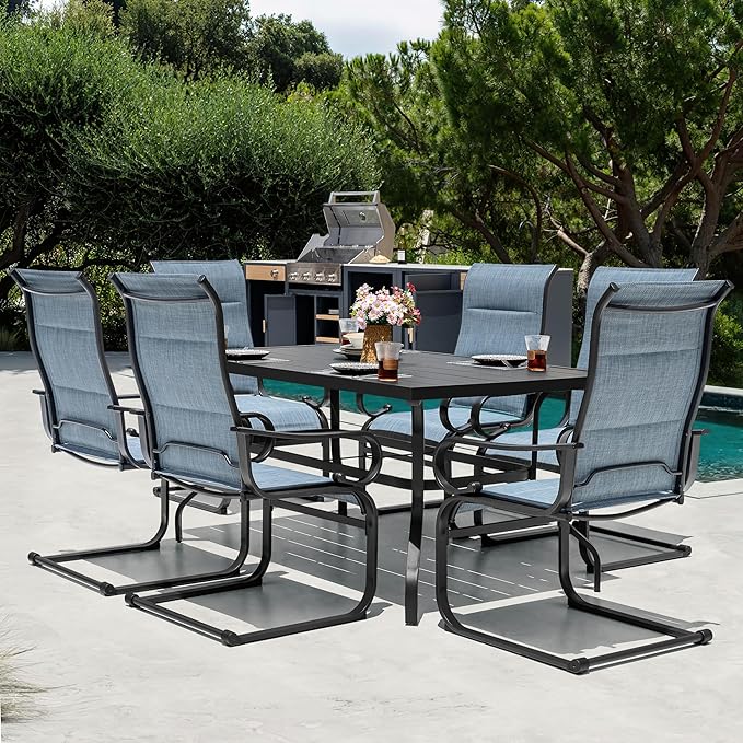 NUU GARDEN 7PCS Patio Dining Set with 1.6 Inch Umbrella Hole Powder-Coated Metal Frame Outdoor Furniture with 6 Padded Textilene C-Spring Chairs and Table for Backyard Garden Poolside Lawn Black Blue