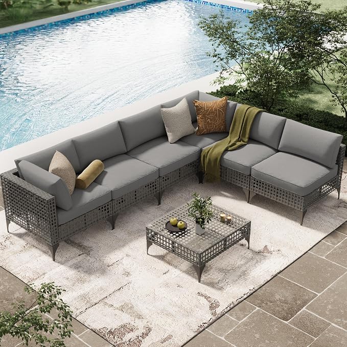 AECOJOY 7-Piece Outdoor Patio Furniture Set, Wicker Sectional Sofa Conversation Set with Cushions and Glass Coffee Table, Grey Rattan Patio Sofa Set for Backyard, Garden, Poolside