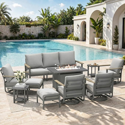 Aluminum Outdoor Patio Furniture Set, 10-Piece Sectional Sofa with 5.1" Thick Cushions, 4 Swivel Rocking Chairs, 55,000 BTU Propane Fire Pit Table, Outdoor Couch for Backyard, Deck, Gray