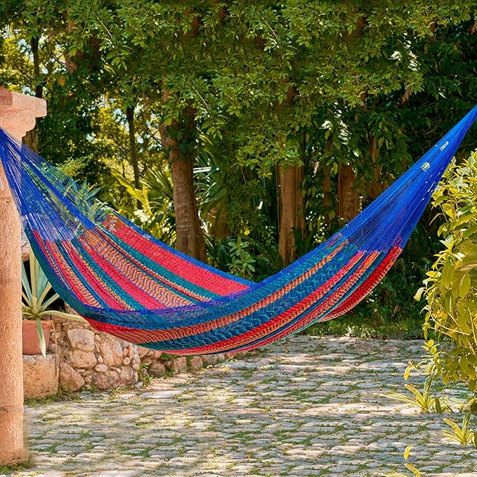 NOVICA Artisan Crafted Patterned Blue and Bright Mayan Hammock | Woven Nylon | Long Lasting Colorfast | Cotton Trim | Steel Hooks | 'Tropical Passion' (2 Person) | 7.2' W x 12.8' H