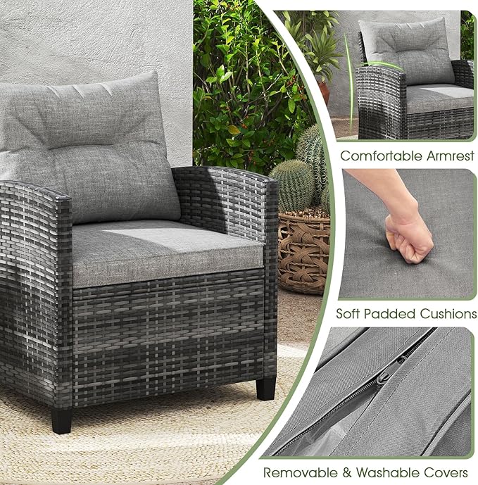 ORALNER Patio Furniture Set, 3 Pieces Outdoor Wicker Conversation Set, Rattan Chairs with Soft Cushions, Glass Coffee Table, Patio Bistro Set for Balcony Garden Deck Front Porch Poolside (Gray)