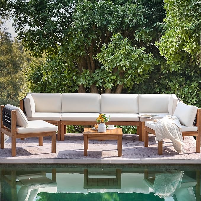 Greesum 7 Piece Outdoor Acacia Sofa Waterproof Cushions and Table, Padded Patio Conversation and Chairs Set for Garden, Backyard, Poolside, Beige