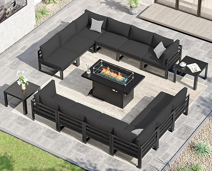 NICESOUL 12 Seat Large Aluminum Patio Conversation Set with Firepit & Side Table, 29" Deep Wide Seating, Modular Sectional Couch, 500 lbs Heavy Duty All Weather Outdoor Sofa for Backyard Deck, Black