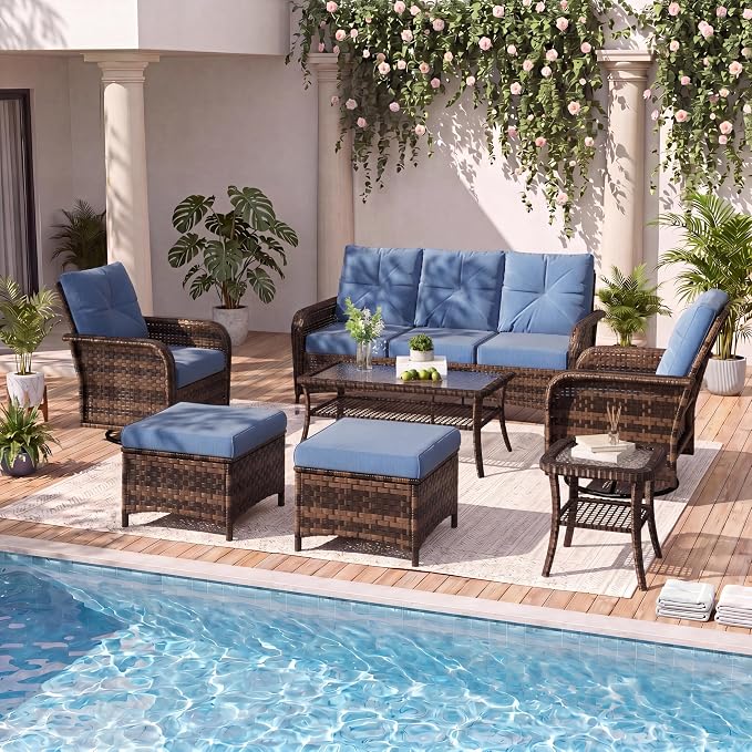 LazySunsets 9 Piece Outdoor Patio Furniture Set with Coffee Table, Wicker Rattan Outdoor Furniture with High Back Swivel Rocker Chairs, Outdoor Conversation Set with Thick Cushion & Ottoman, Navy Blue