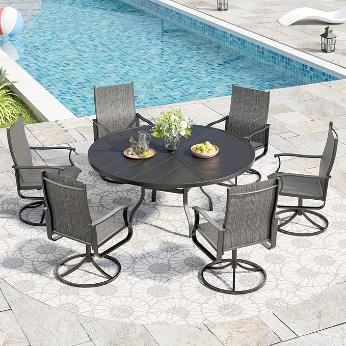 UDPATIO 7 Piece Outdoor Patio Dining Set with 51" Round Table & 6 Outdoor Swivel Rocker Dining Chairs with All Weather Textilene High Back & Metal Frame, Outdoor Table and Chairs Set for Backyard