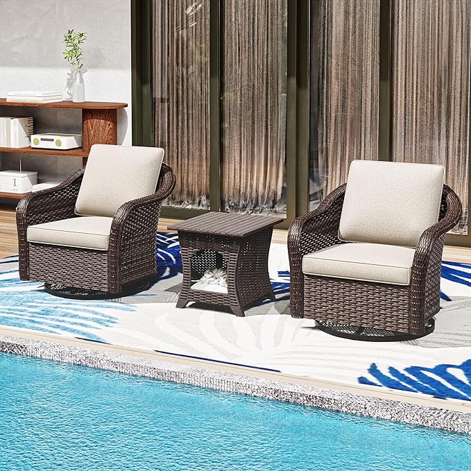 Outdoor Wicker 360 Degree Swivel Glider Rocker Chairs Set of 2 with Cat House Side Table, Patio Conversation Furniture Set with Washable Cushions for Garden, Poolside (Beige)