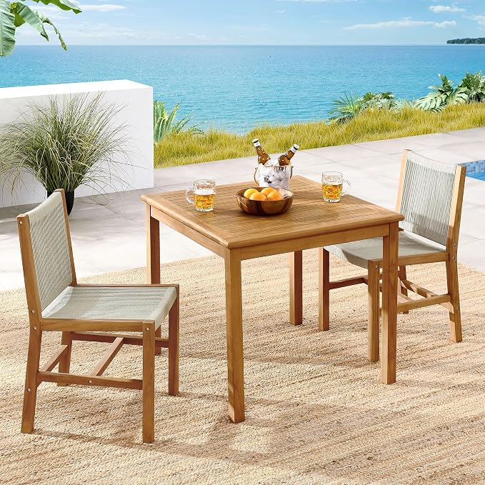 Modway Vienna Outdoor Patio Teak Wood 3-Piece Dining Set in Natural Natural – Weather-Resistant Square Dining Table with Woven Rope Armless Chairs – Bistro Set for 2 – Chair Patio Set with Table
